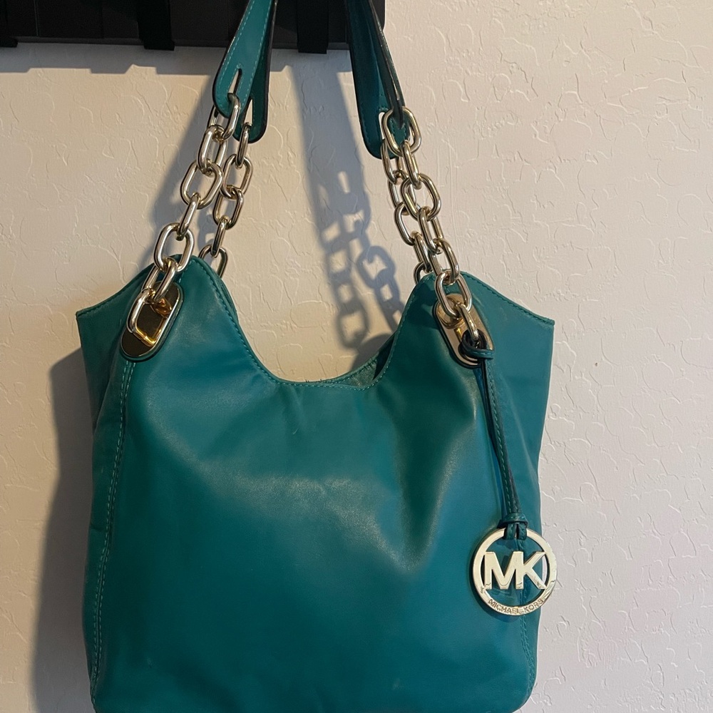 Michael Kors Teal Shoulder Bag with Gold Accents - Picture 2 of 9